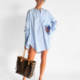 Striped Collarless Shirt Dress