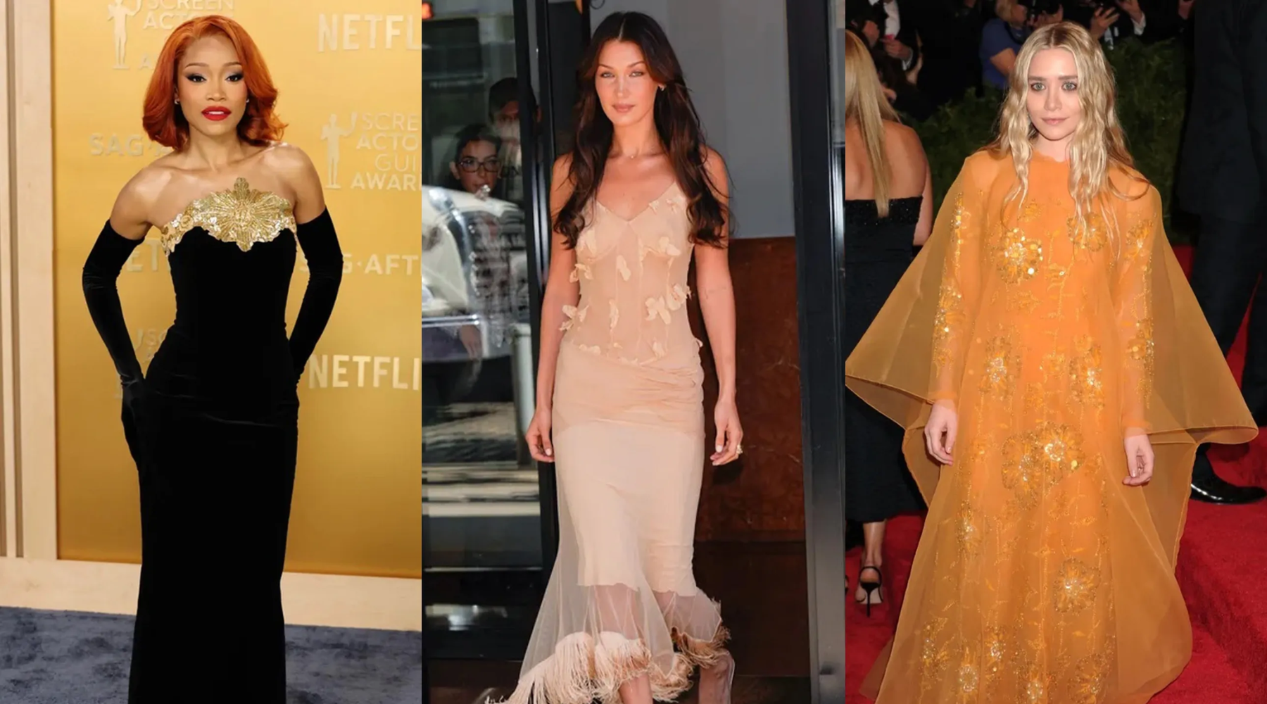 Three women wearing vintage and pre-loved designer gowns on the red carpet, celebrating timeless fashion and the global rise of sustainable luxury style.