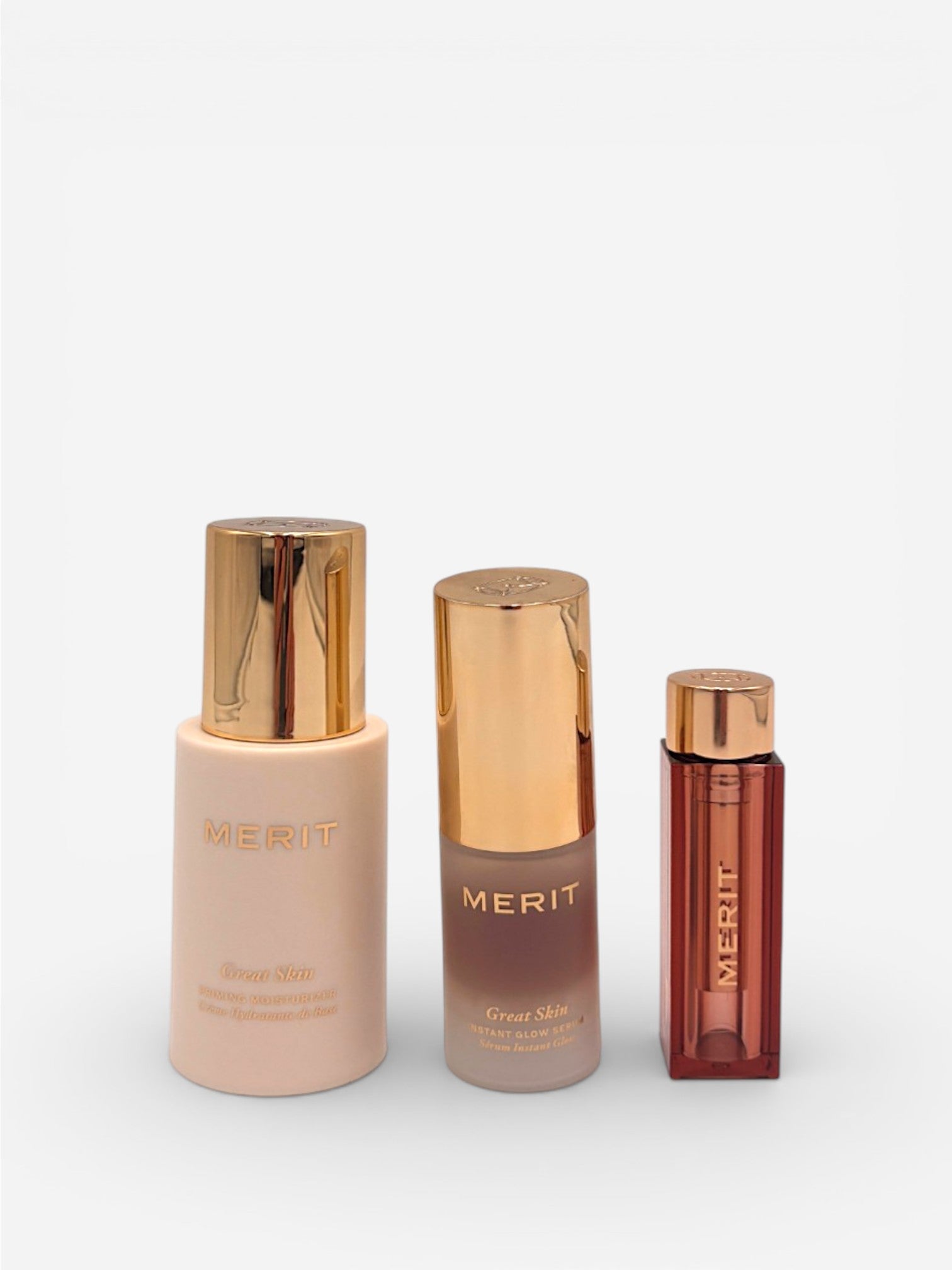 Merit Great Skin Priming Moisturiser, Instant Glow Serum + Lipstick, image 1 of 4