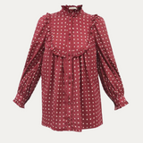 Ruffled High-Neck Polka Dot Blouse