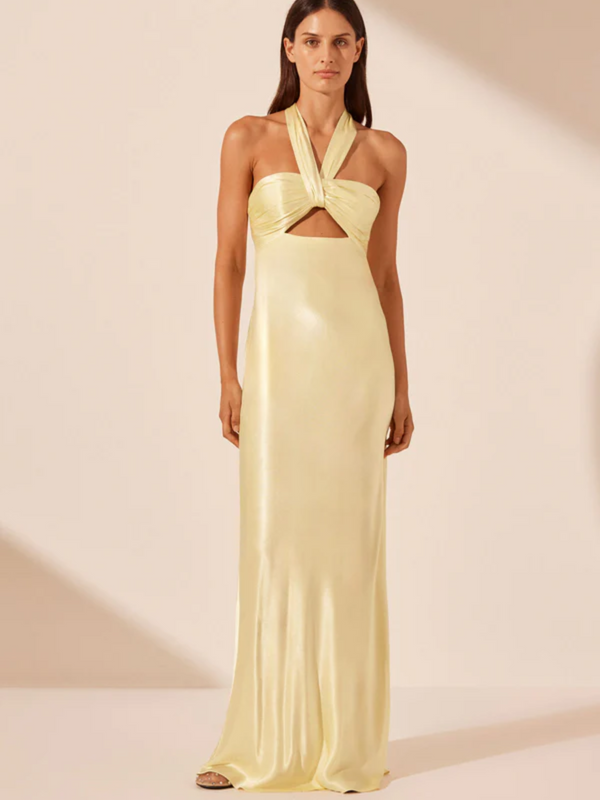 La Lune Ruched Halter Maxi Dress