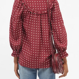 Ruffled High-Neck Polka Dot Blouse