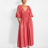 Shirred Plunge Button Dress