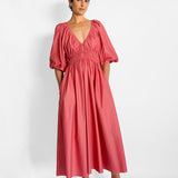 Shirred Plunge Button Dress