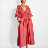 Shirred Plunge Button Dress