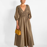 Shirred Plunge Button Dress