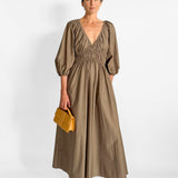 Shirred Plunge Button Dress