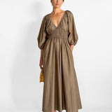 Shirred Plunge Button Dress