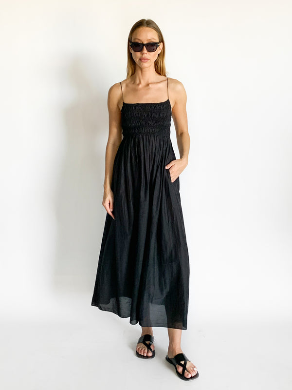 Shirred Square Neck Midi Dress