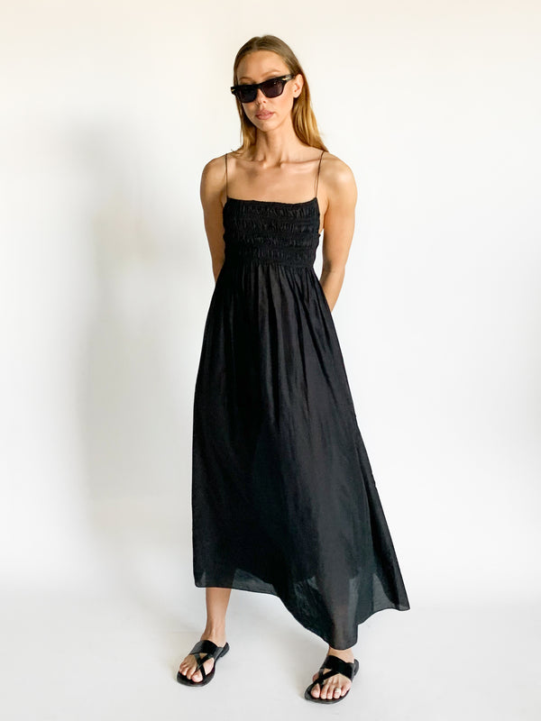 Shirred Square Neck Midi Dress