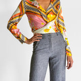 Silk Houndstooth Wrap Blouse