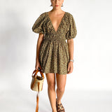 Shirred Plunge Mini Dress